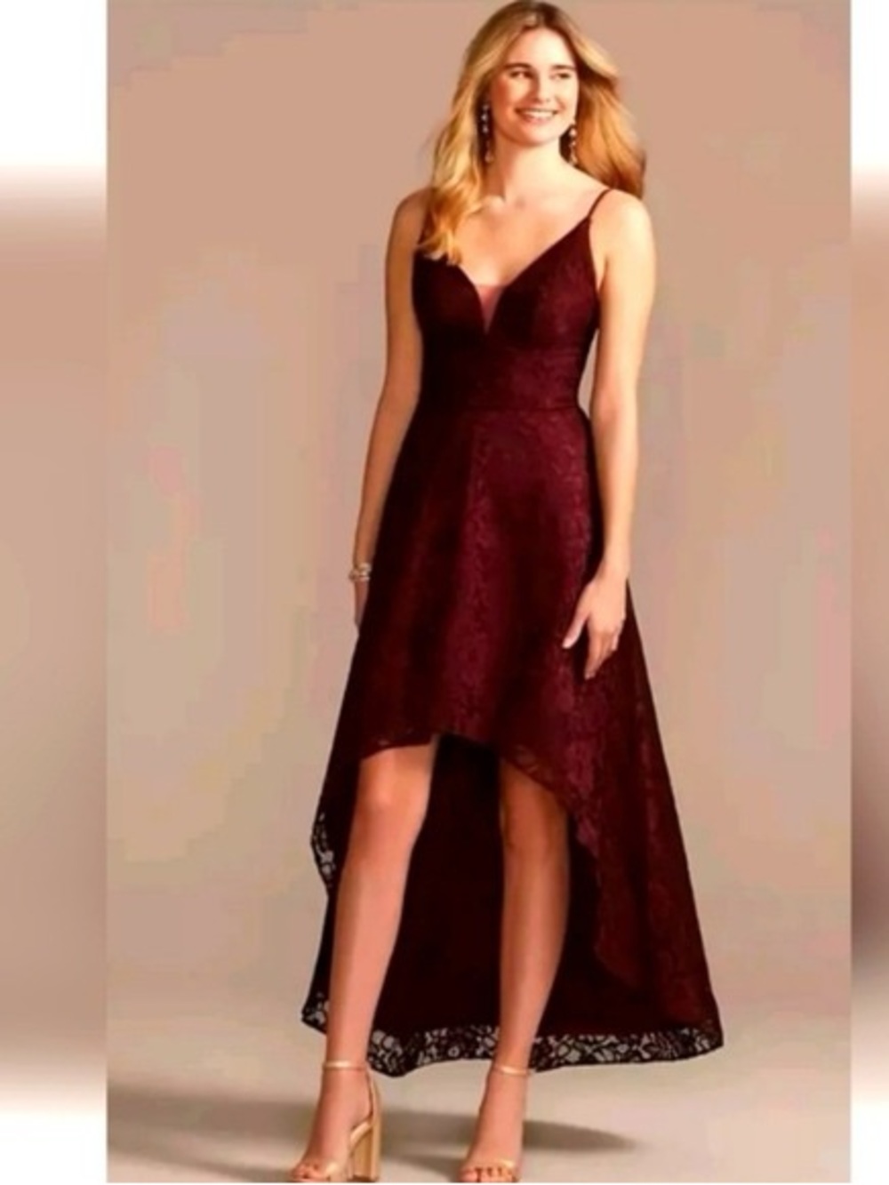 David's Bridal Deep Burgundy Lace High-Low Dress